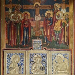 Старообрядческая икона «Образ распятия Господа нашего Иисуса Христа» со вставным литым бронзовым складнем, Ветка, XIX век